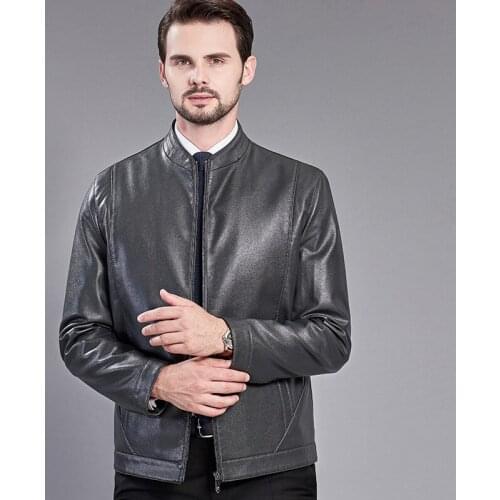 2021 spring and autumn new Haining slim fit short stand collar jacket mens middle age leather coat