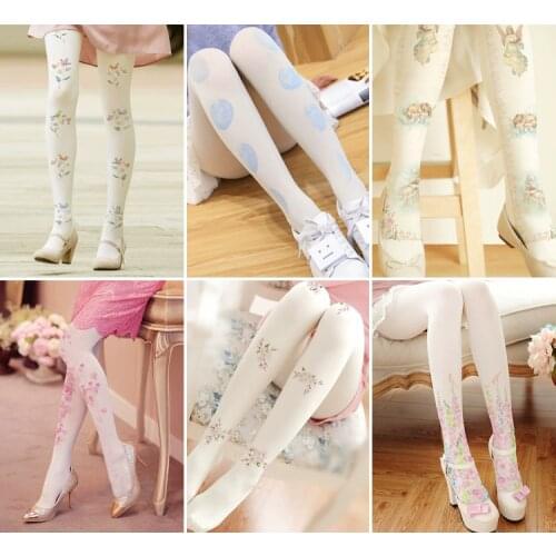 NEW sweet lovely Japanese lolita girls Velvet tights 80D vintage bow print off white/Pink cherry blossom Pantyhose Stockings HR
