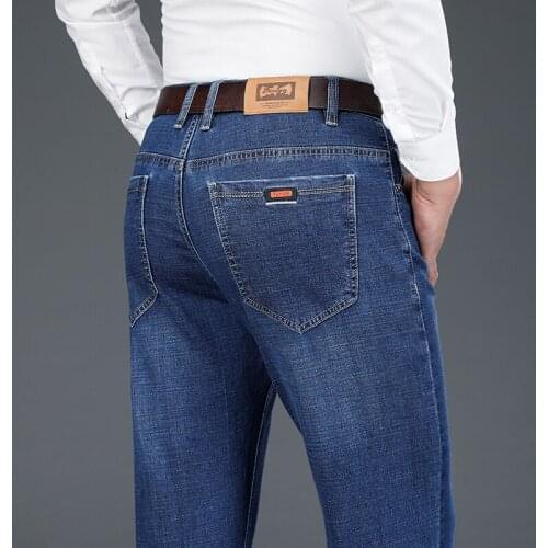 2021 Autumn and Winter Stretch-fit Straight-leg Jeans Classic Style Embroidery Youth Mens Stretch Denim Trousers Black Blue