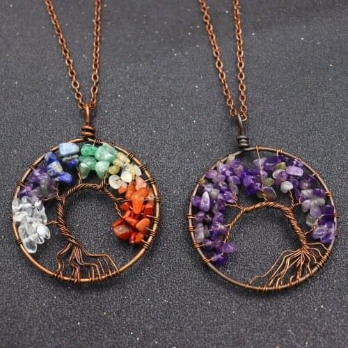 Tree of Life Necklaces for Women Natural Stone Chip Bead Handmade Wire Wrap Pendant Lapis Lazuli Clear Crystal Women Jewelry