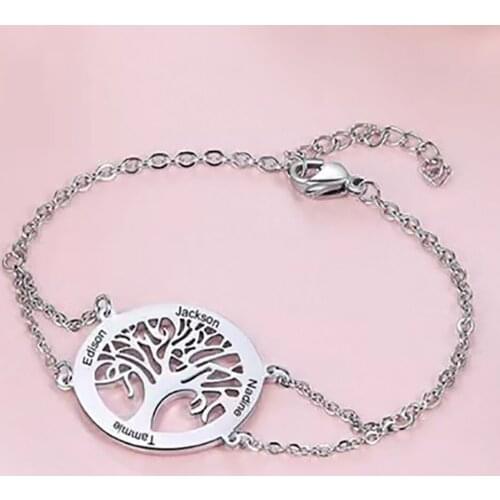 HUHUI Personalized Tree of Life Bracelet Engraved 1-4 Names Custom Family Tree Bracelets Stainless Steel Women Jewelry Best Gift