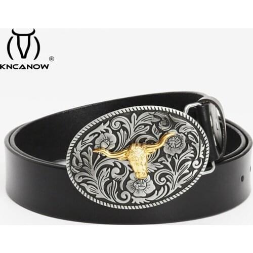 Cowboy Jeans Genuine Leather Belt 90cm 95cm 100cm 110cm 120cm 130cm Alloy Western Flower Bull Head Buckle Dress Belts For Men