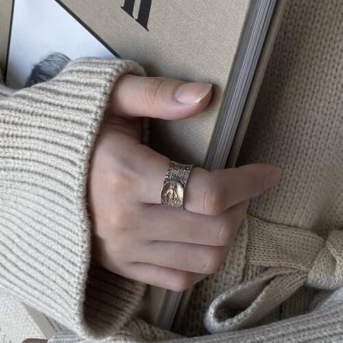 Silvology 925 Sterling Silver Maria Figure Rings Wide Thick Korea Industry Style Open Rings for Women Simple Faith Jewelry Gift