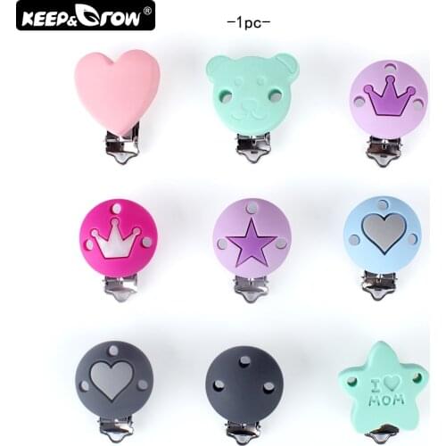 Keep&Grow 1pc Cartoon Silicone Pacifier Clips Star Crown Heart Food Grade Silicone Clip Baby Teething Beads DIY Pacifier Chain