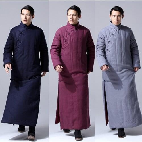 Chinese style thick loose Linen pourpoint Long Robe China Traditional winter mens Wear Retro hemp cotton padded long gown Robe