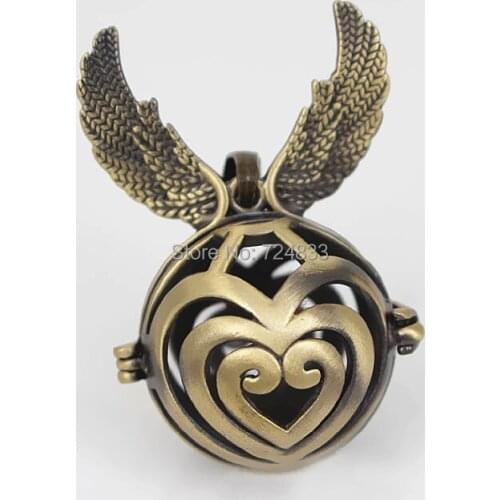 Vintage Bronze tone Filigree Hollow Angel Wings Round Cage Locket Pendants For DIY Essential Oil Diffuser Perfume Chime Necklace