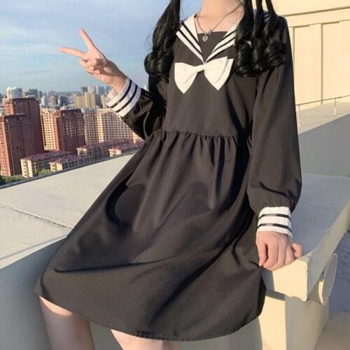 Japanese New Autumn Sailor Collar Bow Full Sleeve Dress Kawaii Preppy Style Sweet Girly Dress JK Sailor Black Dresses Soft Girl