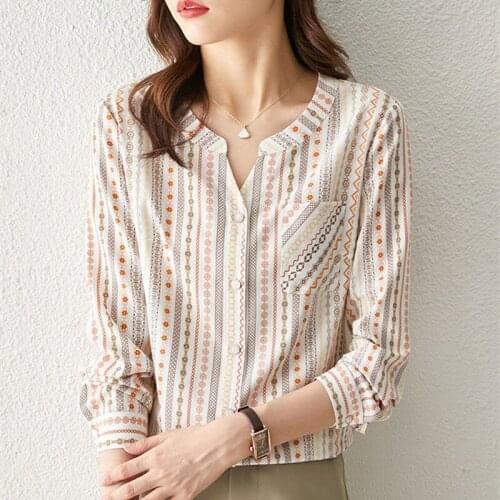 Fashion Chffon Autumn French V-Neck Women Korean Blouses Print Stripe Long Sleeve Blusas Ladies Loose Tops MM1174