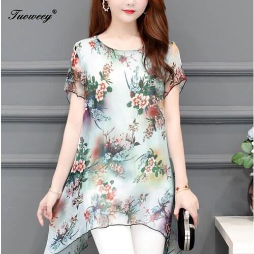 Womens chiffon Blouse 2020 Elegant Denim Blue Shirts short Sleeve Chemise Female plus size 5XL Blusa Tunic Plus Size Top