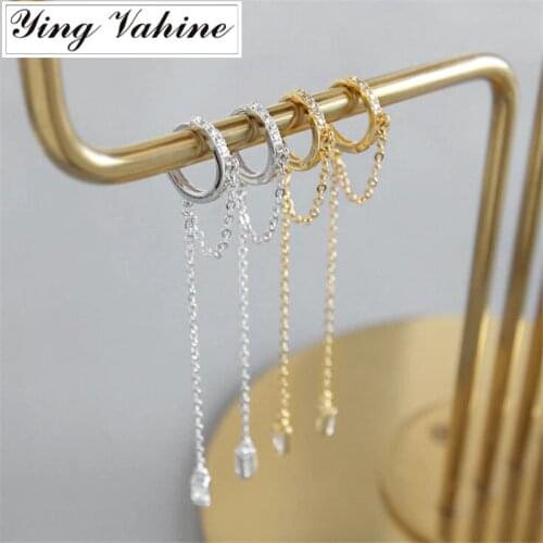 Ying Vahine 100% 925 Sterling Silver Round Zircon Circle with Tassel Pendant Stud Earrings for Women