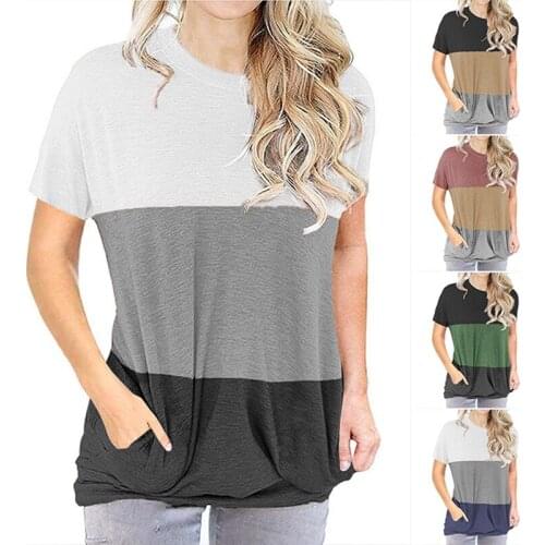 Womens Fashion Casual Color Matching Loose Pocket Round Neck Short Sleeve T-Shirt Tops
