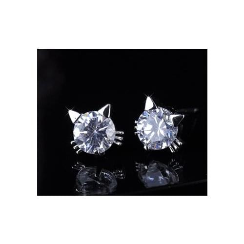 YAN MEI Fashion Wholesale Jewelry Silver Color Lovely Cat CZ Stud Earrings GLE0216