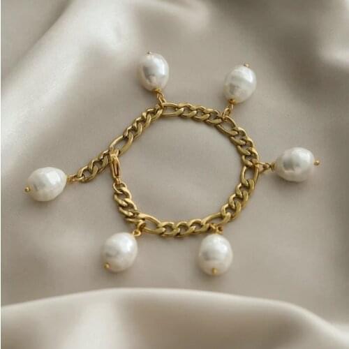 18k Gold Plated Stainless Steel Figaro Chain Bracelets For Women Baroque Freshwater Pearl Charm Bracelet