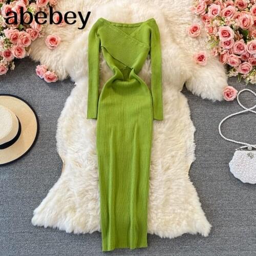 2021 New Spring Autumn French V-Neck long sleeve knitted Dress cross patchwork design high waist solid mid-long wrap Dress