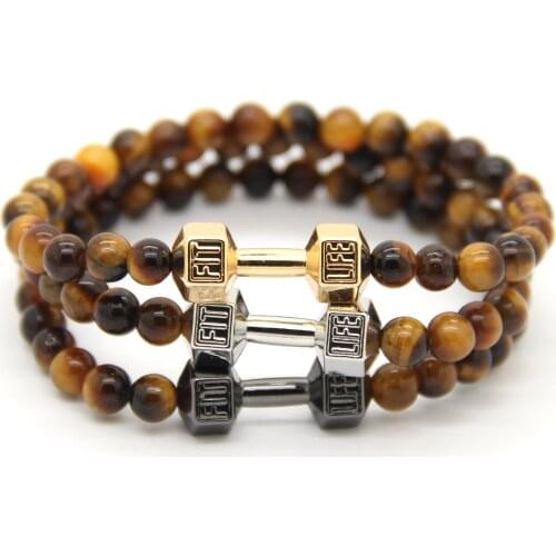 Ailatu New Mens Jewelry Bracelets Made by 6mm Natural Tiger Eye Stone Beads & Alloy Fitness Dumbbell