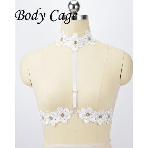 Body Cage white artificial flowers Goth Punk Rivet Lingerie Body Harness Belts Black Elastic Adjust Bondage Strappy Tops Fetish