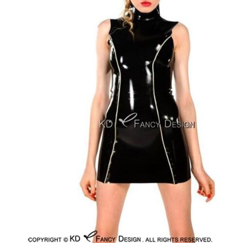 Black And White Trims Stripes On Front Sexy Latex Dress With Zipper At Back Rubber Playsuit Bodycon LYQ-0153