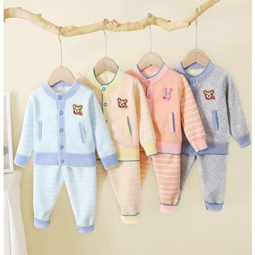 LZH Childrens Suit 2020 New Autumn Winter Plus Velvet Newborn Baby Cardigan Jacket Casual Cartoons Knit Sweater+Pants 2PS