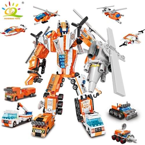 HUIQIBAO TOY 8in1 773PCS City Transformation Robot Building Block Engineer Car Helicopter Mecha Construction Bricks for Children