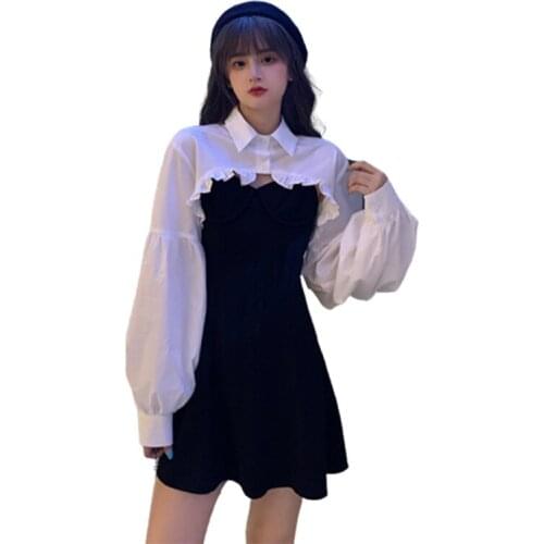 Women Sets Puff Sleeve Turn-down Collar Ruffles Shirt Autumn Slim Fashion Beauty Korean Style Chic Dresses Suit Blouse+dress Set
