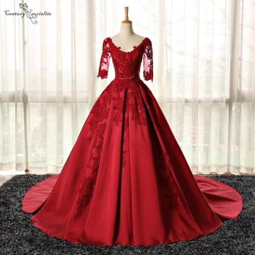 Red Ball Gown Quinceanera Dresses 2020 Lace Appliques 3/4 Long Sleeves Satin Sweet 16 Dress Party Gowns Vestidos De Quinceañera