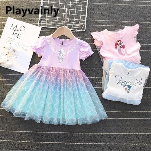 2021 Hot Sale New Summer Girls Dress Short Puff Sleeves Cartoon Mermaid Cinderella Ice Queen Children Clothing 2-6Y E15