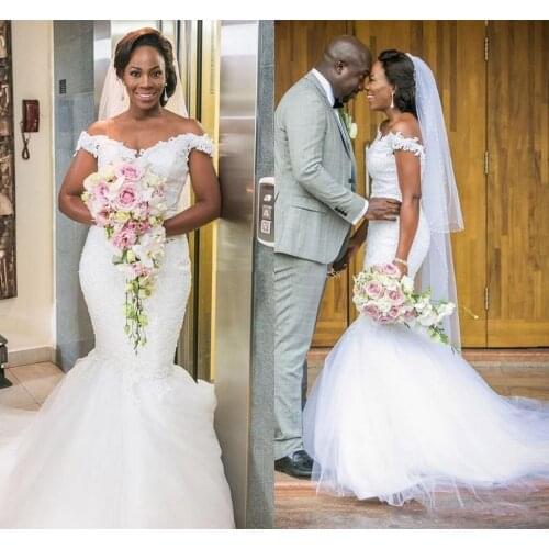 Nigerian African Designer Mermaid Wedding Dresses 2021 Off Shoulder Lace Pearls Wedding Bridal Gowns Plus Size Vintage Marriage
