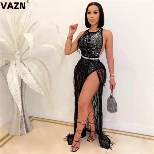 VAZN New 2020 Night Shinny Dress Sleeveless Sheath Glitter Dresses For Evening Robe Gowns Formal Party Maxi Dress