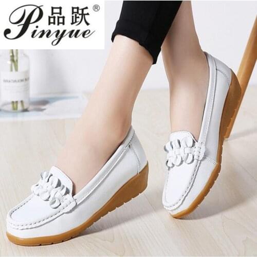 New Moccasins Women Flats Autumn Woman Loafers Genuine Leather Female Shoes Slip On Ballet Bowtie Womens Shoe Size 35-41