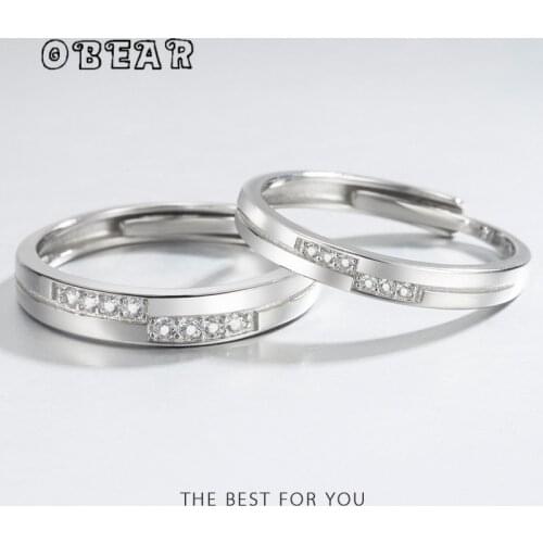 OBEAR 100% 925 Sterling Silver Shiny Zircon Adjustable Ring Couple Sweet Romantic Engagement Birthday Gift Jewelry