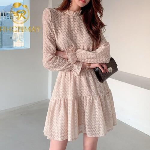 Elegant Stand Collar Women Lace Dress Full Sleeve Elastic High Waist Female A-line Dress 2021 Spring OL Short Dress Vestidos