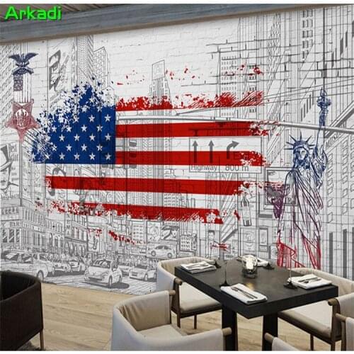 Hand painted downtown street scene American flag Statue of Liberty fresco bar Western restaurant Cafe background Wall paper