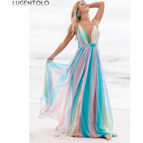 Sexy Dress Women Summer Spaghetti Strap Mesh V-neck Dresses Slim Big Swing Rainbow Colors Female Backless Long Dress Lugentolo