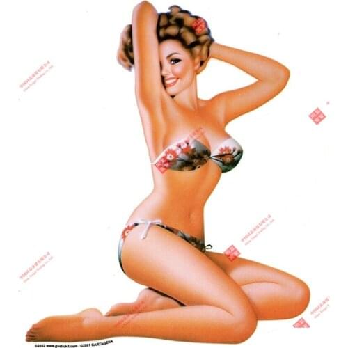 Sexy Retro Nostalgic Fifties Cover Girl Red White Flower Bikini Racing Motorcycle Helmet Stickers