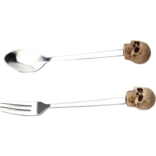 Skull Pattern Cutlery 304 Stainless Steel Teaspoons Dinner Spoon Fork Personalized Resin Skull Head For Coffee Tea Dessert Fork