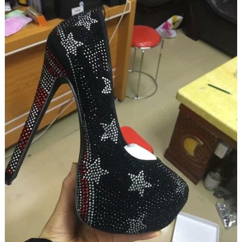 Sexy Crystal Drilled Pentagram High Platform Pumps Super High Heels Party Dress Woman Multi Crystal Full Covered Shoes Femme