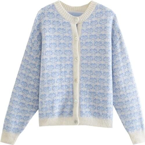 Za Womens New Autumn Winter Knitted JacQuard Loose Knitted Sweater Coat Fashion Retro Round Neck Knitted Coat