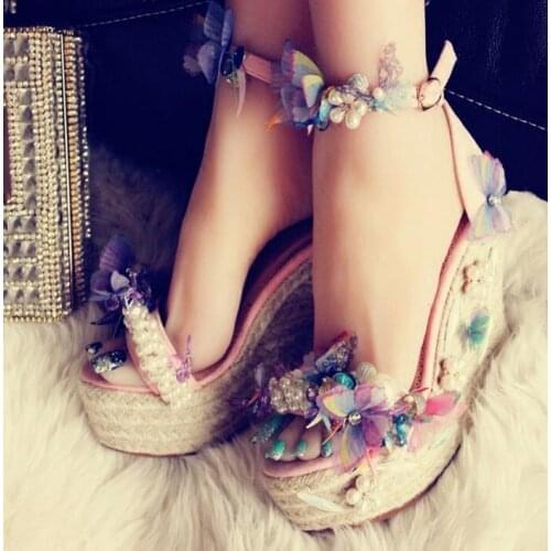 Woman Rope Braided Wedge Sandals Peep Toe Ankle Strap Butterfly-knot Summer Sandals