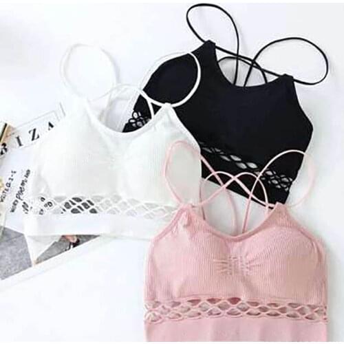 Camisole Hollow Out Women Bras Cross Strap Pure Color Female Fitness Top Seamless 1Pcs Nylon Lingerie Push Up Backless Bralette