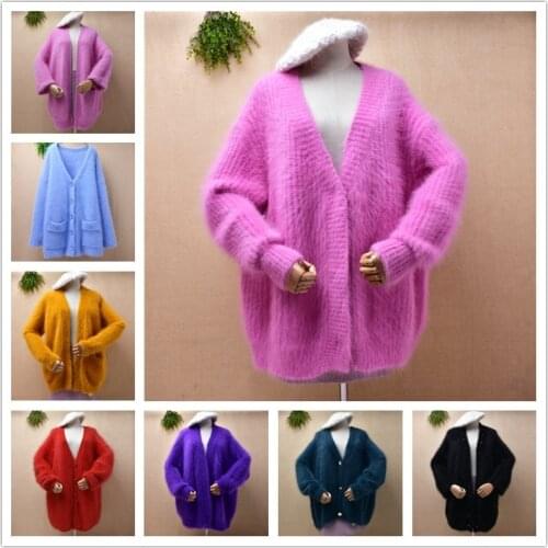 Female women sweet pink autumn winter thick mink cashmere knitted v-neck long sleeves loose oversized cardigan mantle sweater