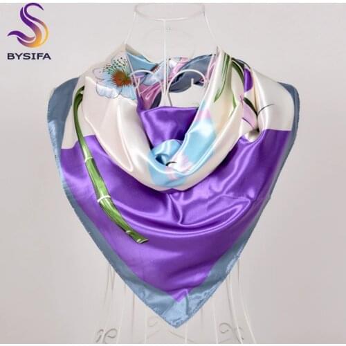 [BYSIFA] Women Grey Purple Square Scarves Wraps New Brand Floral Pattern Silk Scarf Shawl Fashion Female Neck Head Scarf Hijab