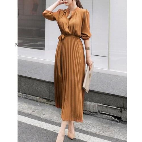 Women Dress O-Neck Button Long Sleeve Pleated Bandage High Wasit Long Elegance Office Female Mid-Calf Dresses