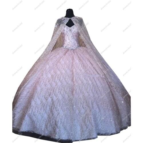 Royal Queen Designer 2021 Cheap Quinceanera Dresses Rose Gold With Cap Robe Sweetheart Glitter Sequined Prom Formal Cocktail