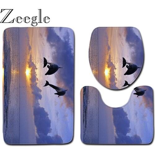 Zeegle Dolphin Pattern 3pcs Bathroom Bath Mats Set Anti-slip Mats for Bathroom Bath Floor Mats Carpets Toilet Floor Rugs Carpets