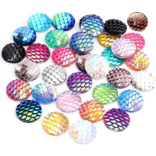 40pcs 8mm 10mm 12mm Mix Colors Mermaid Fish Scale Flat back Rhinestone Round Cabochon Embellishment Scrapbooking DIY Crafts
