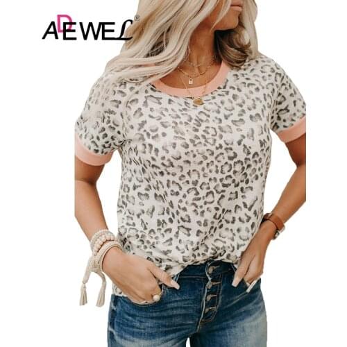 ADEWEL Harajuku Pink Trim Leopard Tee Plus Size Woman Tshirts Mujer Camisetas Round Neck Mulher Camisetas Clothes Tops 2XL