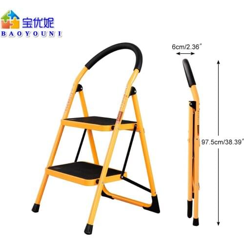 BAOYOUNI Portable 2 Step Foldable Ladder Steel Step Ladder Shelf Work Tool Ladder with Handrail for Home Office Anti-slip 220lb
