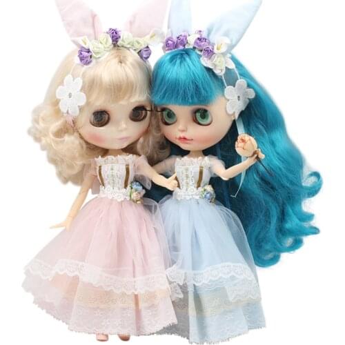DBS 1/6 blyth doll icy doll clothes Pink & Sky Blue Long Dress With Headwear & Lace