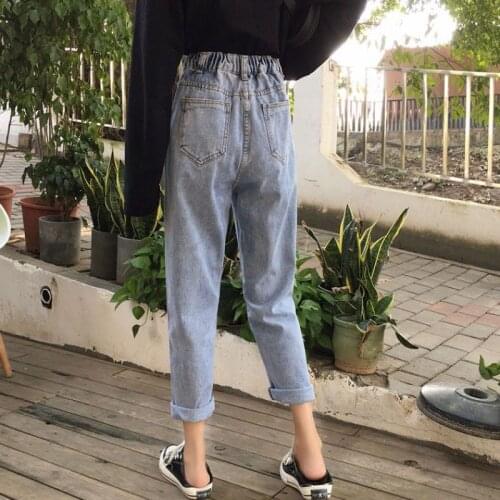 Straight jeans female loose school students show thin high waist wide-legged Harlan pants nine points pants spring and autumn m