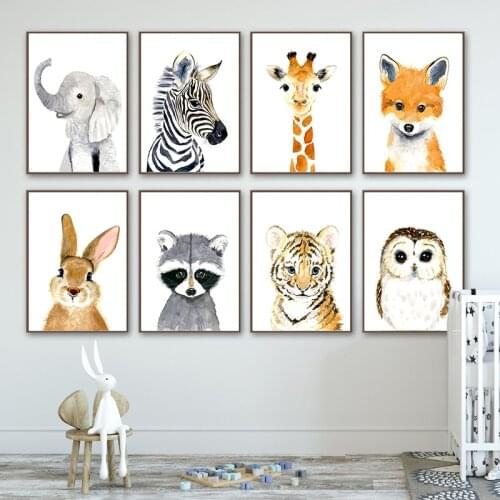 Nordic Cartoon Animal Print Canvas Painting Cute Zebra Giraffe Lion Elephant Poster Children Room Wall Art Decor Nursery Picture